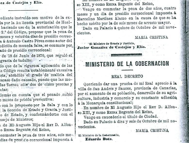 Título de Ciudad. San Andrés y Sauces. Año 1900.