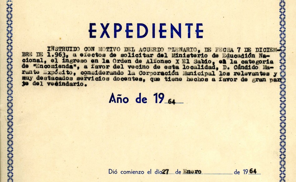 38. Expediente de solicitud al Ministerio de Educación Nacional el ingreso en la Orden Alfonso X El Sabio, de Cándido Marante. 1964 · San Andrés y Sauces